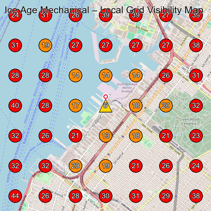 Ice Age Mechanical GeoGrid visibility map for Plumber in Brooklyn